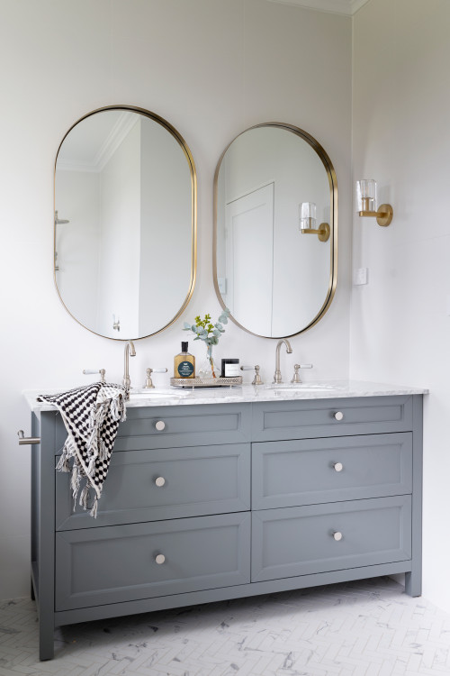 Gray Bathroom Vanity Inspirations: White Countertops and Metallic Hardware
