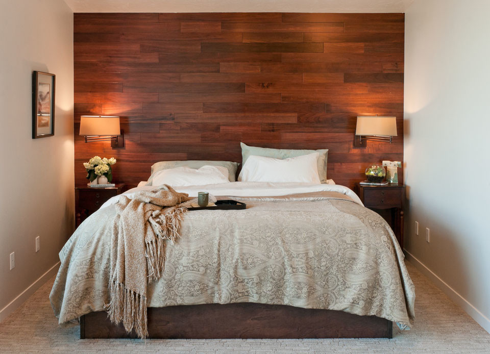 Design ideas for a large asian master bedroom in Seattle with grey walls and dark hardwood floors.