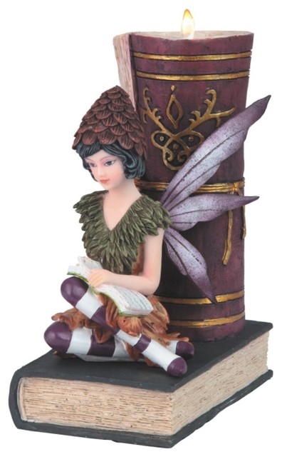 8 Inch Purple Fairy Reading While Sitting on Book Candle Holder
