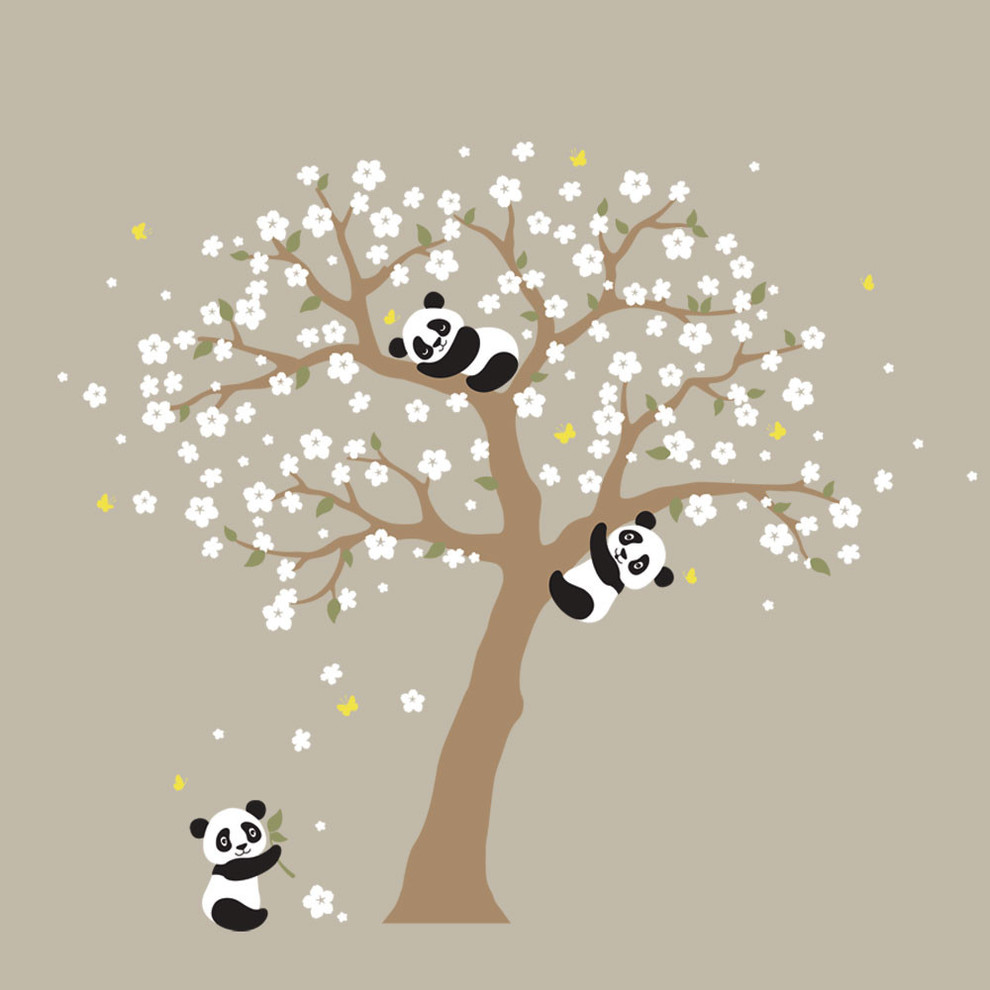 Panda And Cherry Blossom Tree Wall Decal - Large Removable Vinyl Sticker For Nursery, Kids Room
