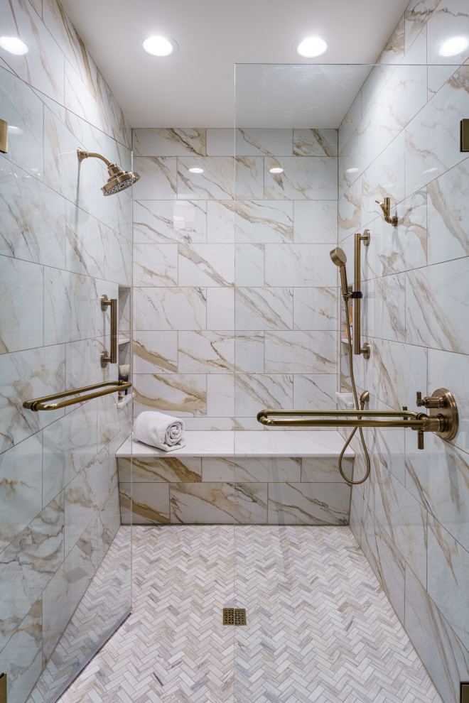 Inspiration for a large timeless master walk-in shower remodel in Kansas City with a hinged shower door