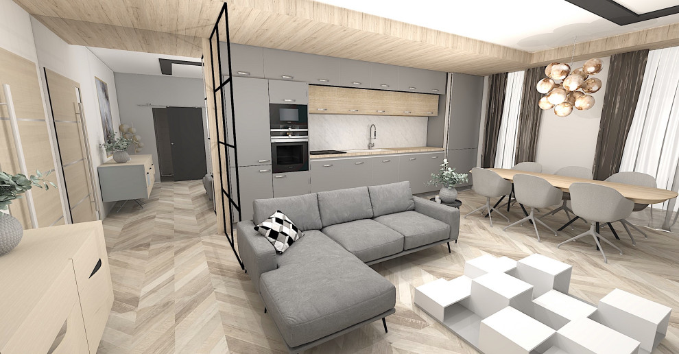 Aménagement de salon in bois With un mur gris, parquet clair, aucune cheminée, un téléviseur fixé au mur and un sol marron.