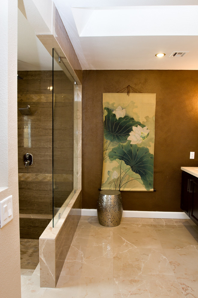 This is an example of a mid-sized asian master bathroom in Las Vegas with an undermount sink, furniture-like cabinets, dark wood cabinets, engineered quartz benchtops, an open shower, a two-piece toilet, beige tile, porcelain tile, multi-coloured walls and porcelain floors.