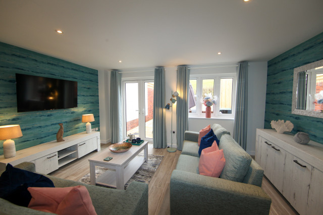 3-Bed Blue and Coral Holiday Let, West Lulworth, Dorset coastal-living-room