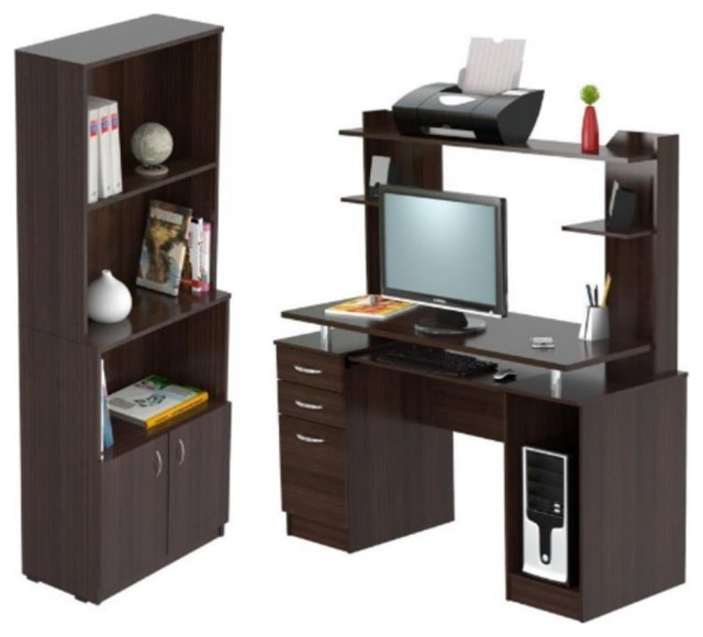 Home Square 2Piece Set with Computer Desk Hutch and 3 Shelf Bookcase
