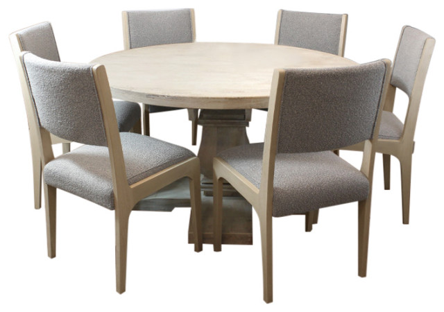 Benedict 58" Solid Wood Round Dining Set with 6 Ash Chairs in Gray Boucle Fabric