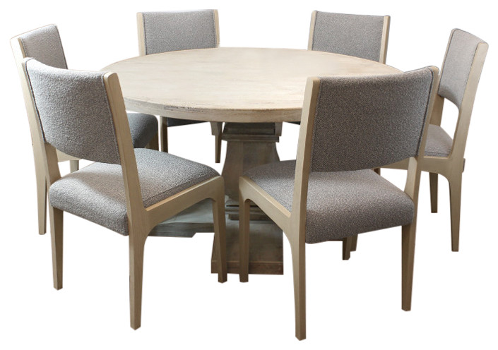 Benedict 58" Solid Wood Round Dining Set with 6 Ash Chairs in Gray Boucle Fabric
