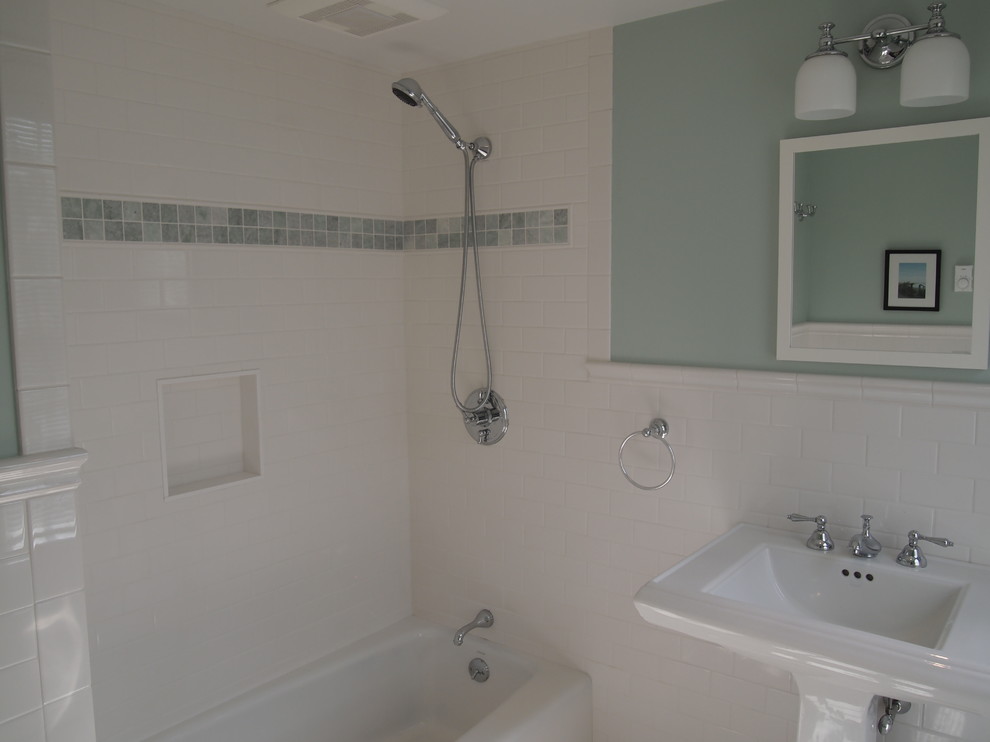 Inspiration for a mid-sized transitional 3/4 white tile and subway tile alcove bathtub remodel in Boston with blue walls and a pedestal sink