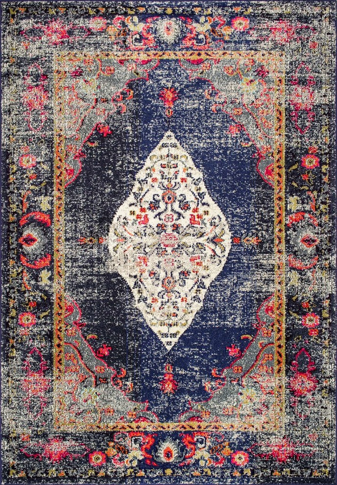 Iris Fading Oriental Medallion Area Rug, Navy, 5'3"x7'7"