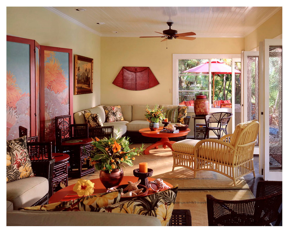 Inspiration for a mid-sized tropical formal open concept living room in Santa Barbara with yellow walls, carpet, no fireplace and no tv.