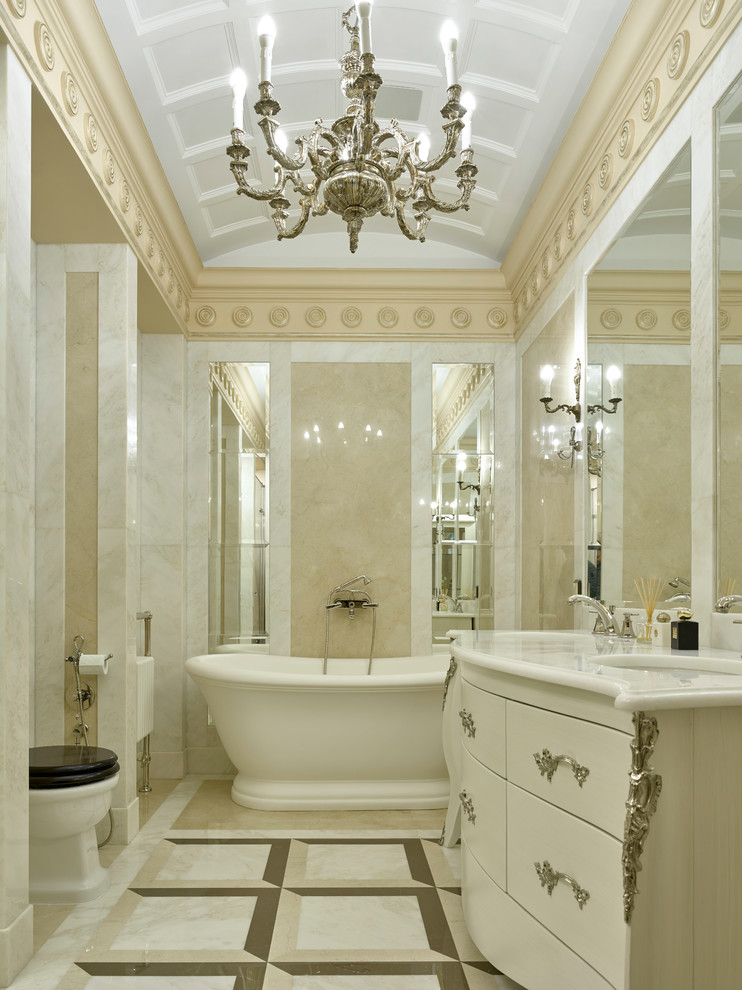 Traditional master bathroom in Moscow with beige tile, white tile, an undermount sink, a freestanding tub, multi-coloured floor and flat-panel cabinets.