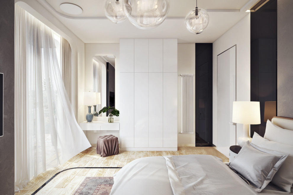 Дизайн спальни с мастер-санузлом в коттедже в современном авторском стиле