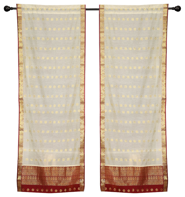 2 Lined Cream Bohemian Indian Sari Curtains Rod Pocket Living Room -43W x 84L