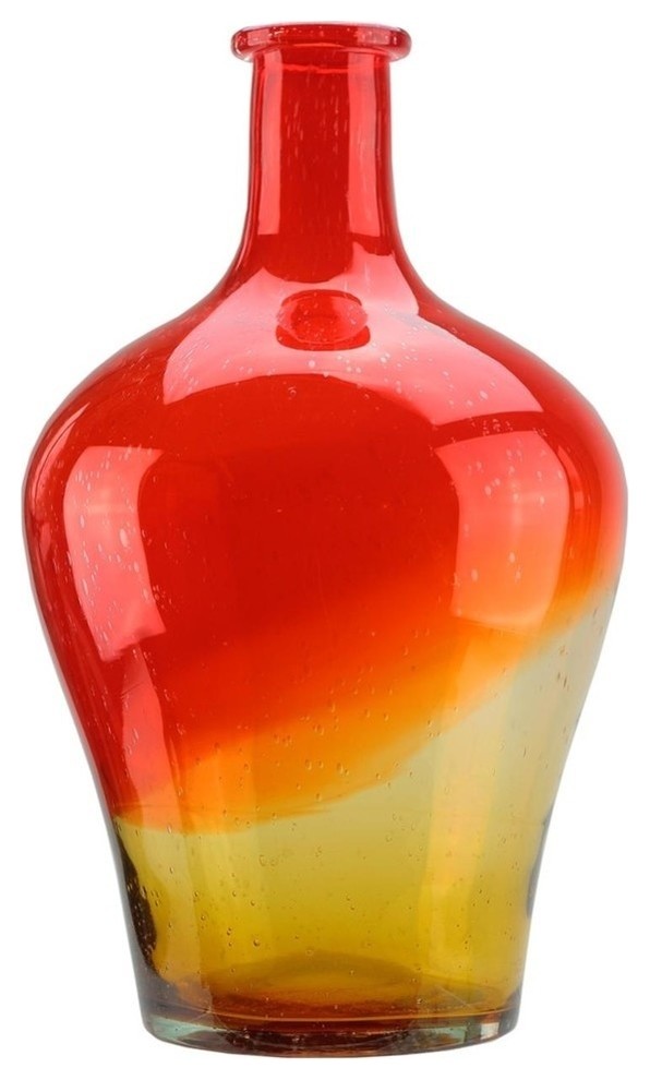 15.5" Flame Orange and Amber Yellow Ombre Hand Blown Bubble Glass Vase