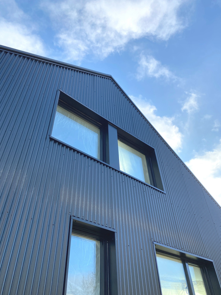 Стильный дизайн: двухэтажный, черный частный загородный дом среднего размера в современном стиле с облицовкой из металла, двускатной крышей, металлической крышей и черной крышей - последний тренд
