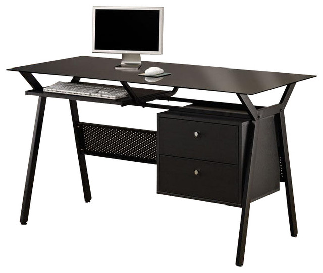 Black Simple Metal Glass 2 Storage Drawers Pullout Keyboard Shelf Black Simple Metal Glass 2 Storage Drawers Pullout Keyboard Shelf Computer Desk