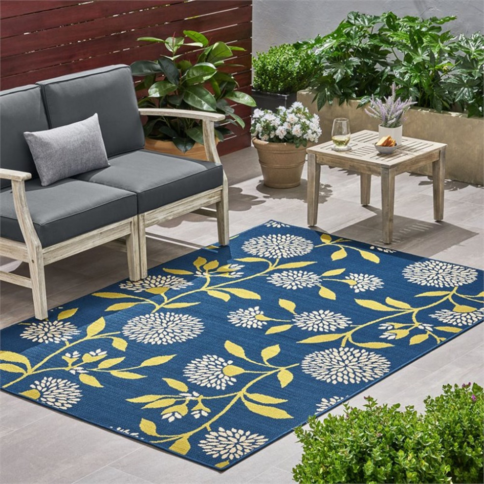 Noble House Viola 90x63" Indoor/Outdoor Fabric Floral Area Rug in Blue and Green