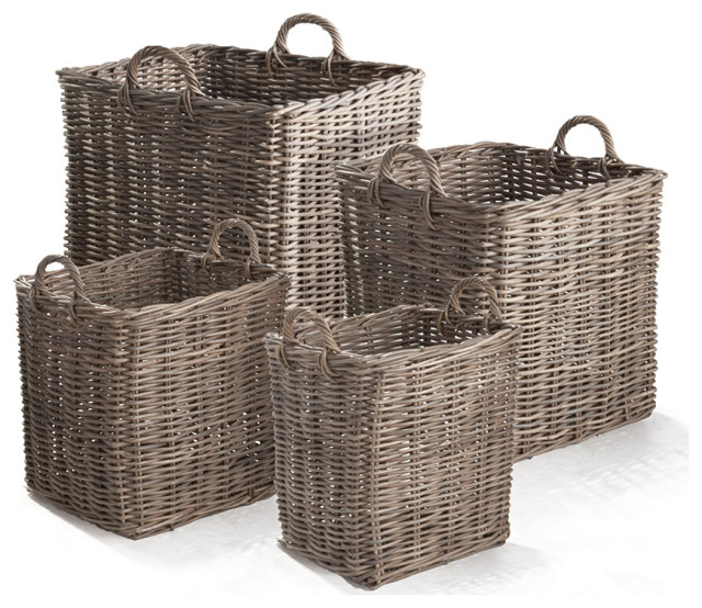 Set of 4 Large Rattan Cane Storage Baskets Square with Handles Laundry