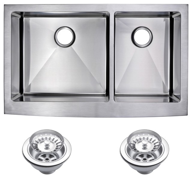 Corner Radius 60/40 Double Bowl Apron Front Sink With Drains And