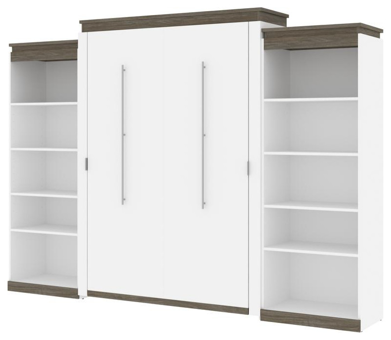 Orion  124W Queen Murphy Bed With 2 Shelving Units (125W) In White & Walnut...