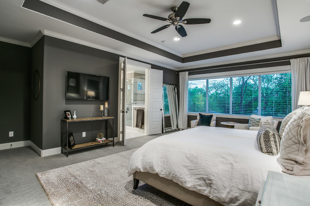 This is an example of a large contemporary master bedroom in Dallas with grey walls, carpet, no fireplace and grey floor.