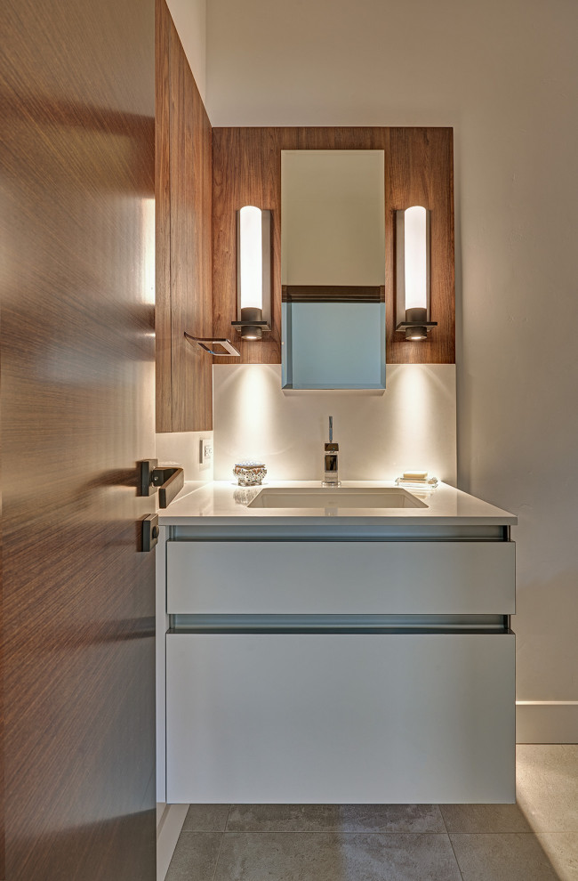 Design ideas for an expansive 3/4 bathroom in Sacramento with flat-panel cabinets, white cabinets, wood-look tile, white walls, cement tiles, engineered quartz benchtops, multi-coloured floor, white benchtops, a single vanity and a floating vanity.