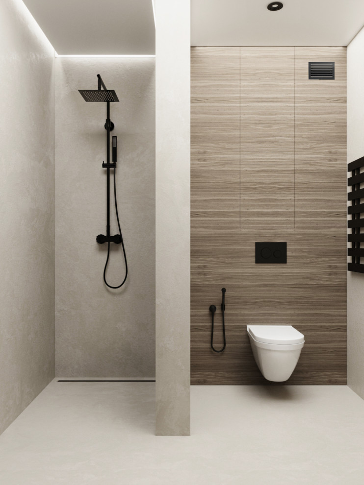 Modelo de cuarto de baño minimalista pequeño con ducha abierta, sanitario de pared, imitación madera, paredes grises, suelo de azulejos de cemento, aseo y ducha y ducha abierta