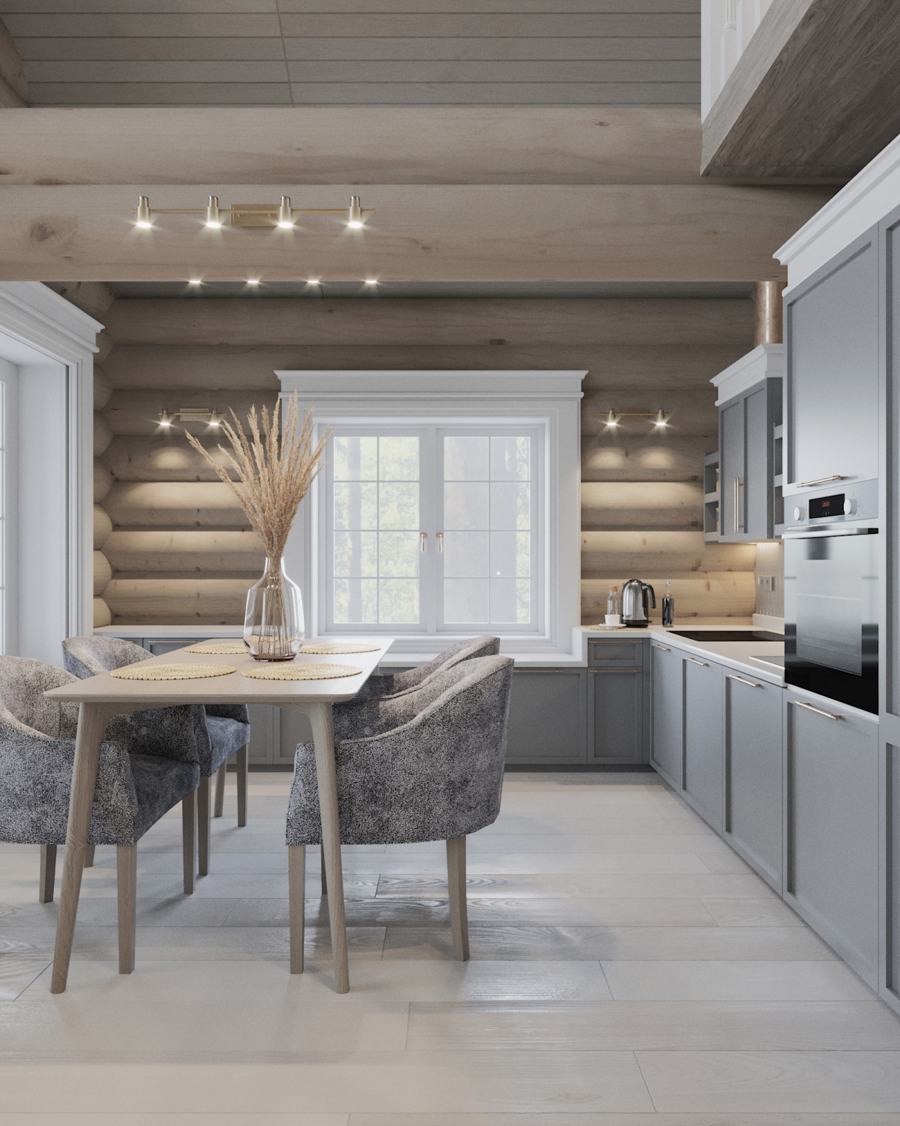 Проект интерьера загородного бревенчатого дома в стиле неоклассика