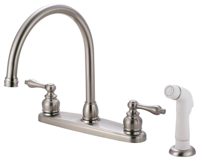 Satin Nickel Double Handle Goose Neck Kitchen Faucet with White Sprayer KB728AL