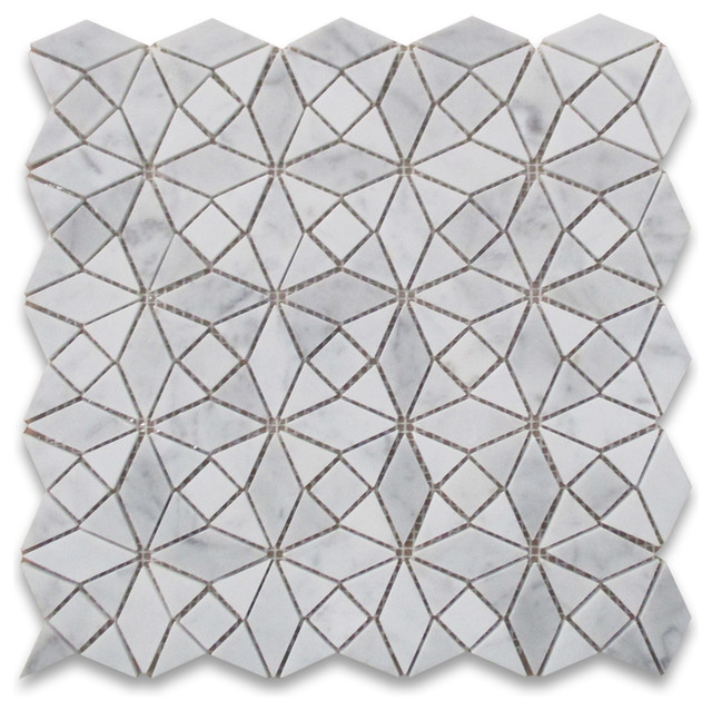 12"x12" Carrara White Kaleidoscope Pattern Diamond Mix Mosaic Tile