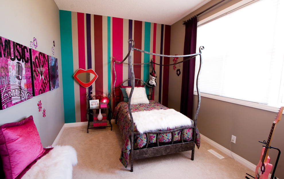 Inspiration for an eclectic kids' room for girls in Calgary with multi-coloured walls and carpet.