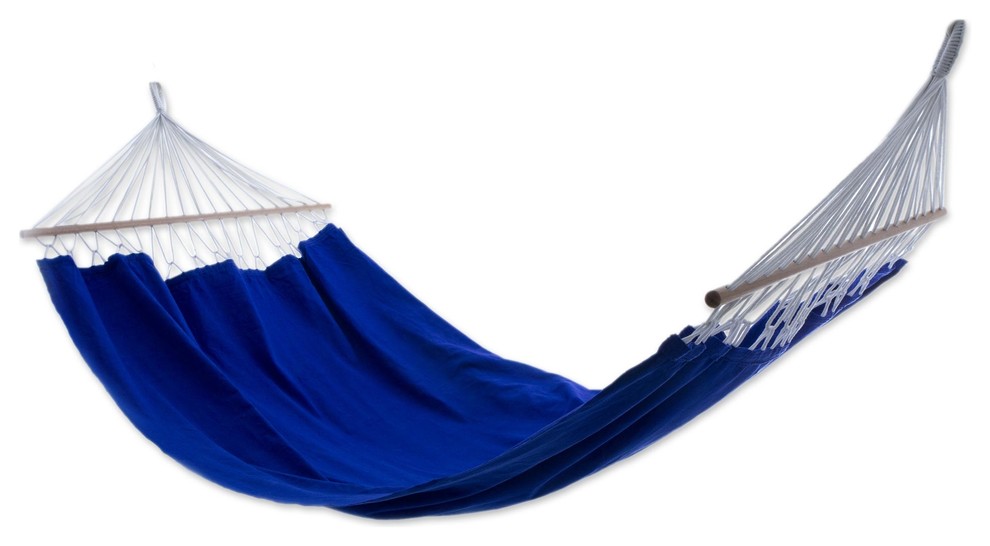 Cotton Hammock With Spreader Bars, "Ceara Blue", Single Beach Style