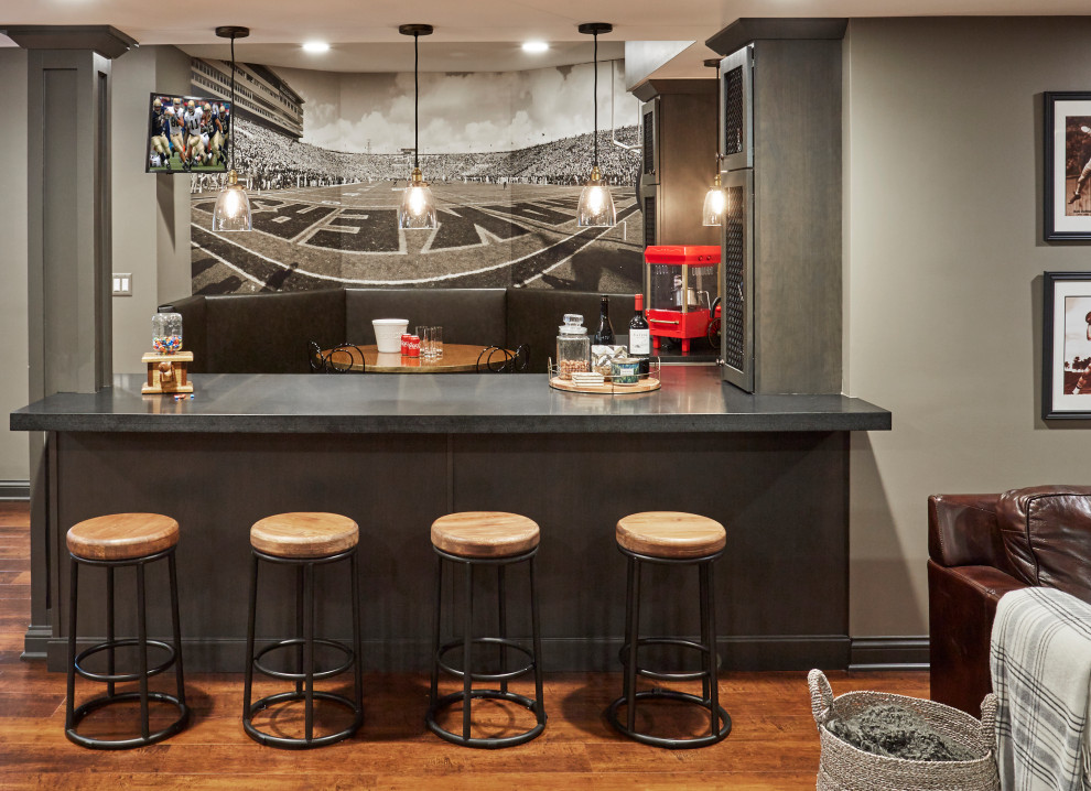 Transitional home bar in Chicago with dark hardwood floors and brown floor.