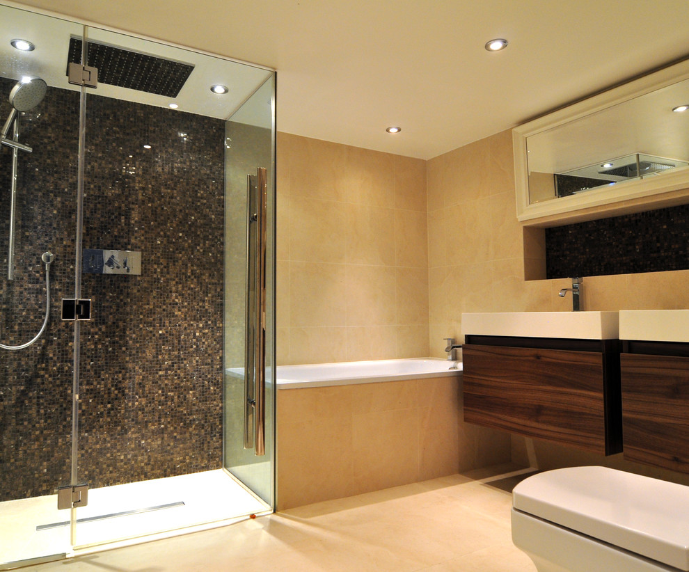 Design ideas for a contemporary bathroom in London with mosaic tile.