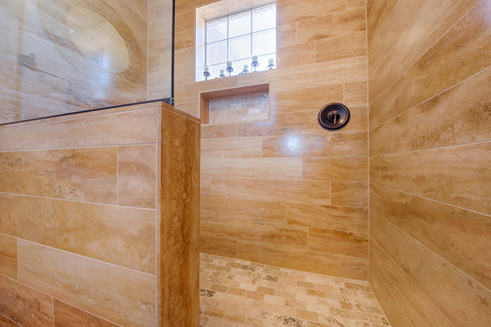 Example of a mid-sized transitional 3/4 beige tile and travertine tile travertine floor and beige floor home design design in Phoenix with a two-piece toilet