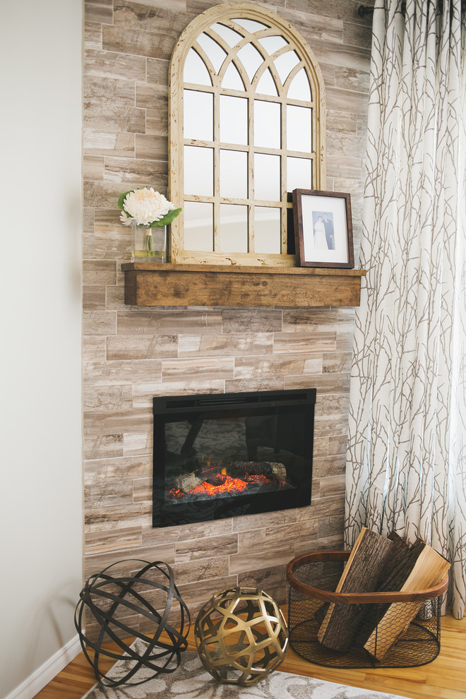 Inspiration for a mid-sized transitional formal and enclosed light wood floor home design remodel with beige walls, a corner fireplace, a tile fireplace and no tv