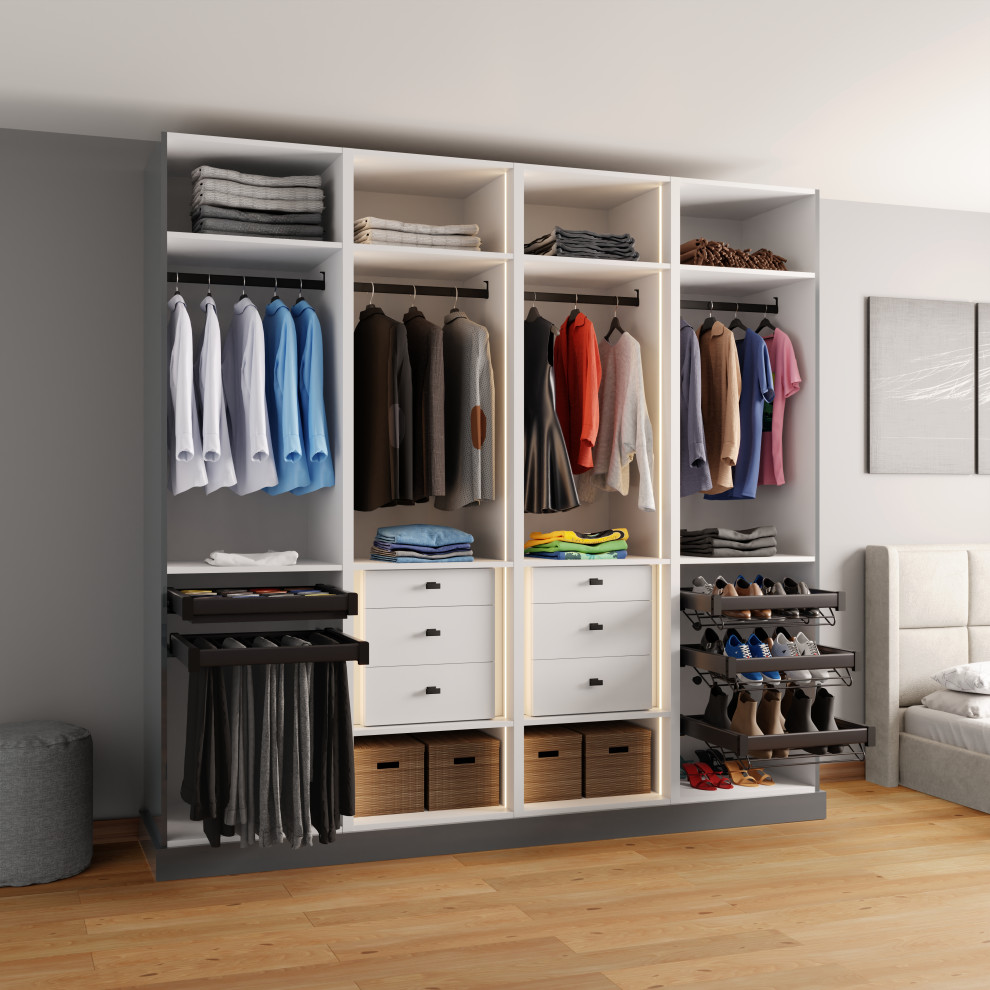 Immagine di un armadio incassato unisex minimalista di medie dimensioni con ante lisce e ante grigie