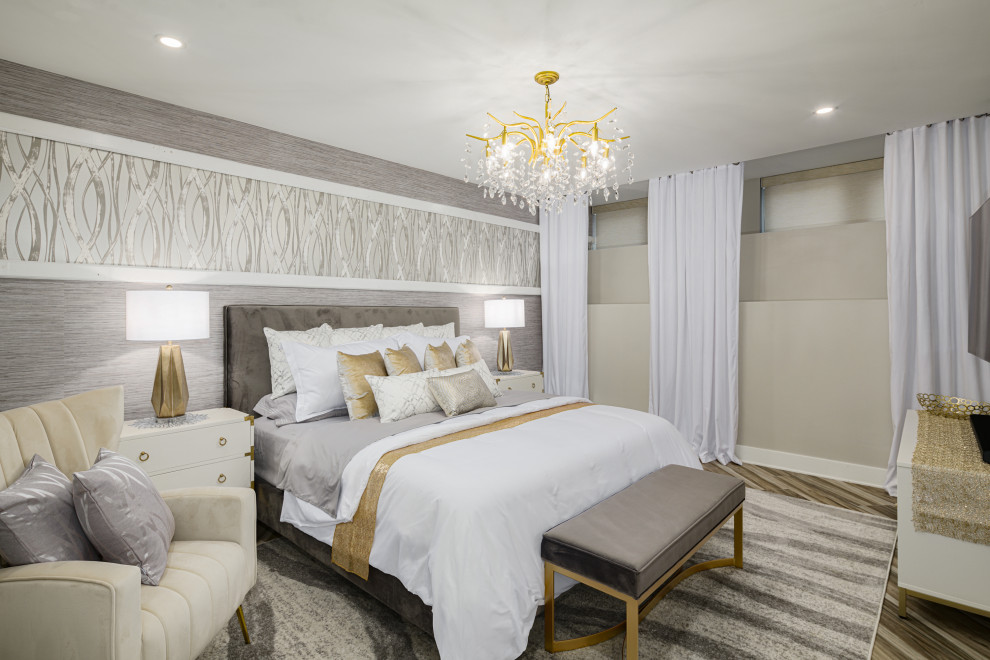 This is an example of a medium sized classic master bedroom in Philadelphia with grey walls, porcelain flooring, multi-coloured floors and wallpapered walls.