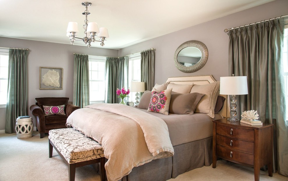 Inspiration for a large transitional master bedroom in Richmond with grey walls, carpet, no fireplace and beige floor.