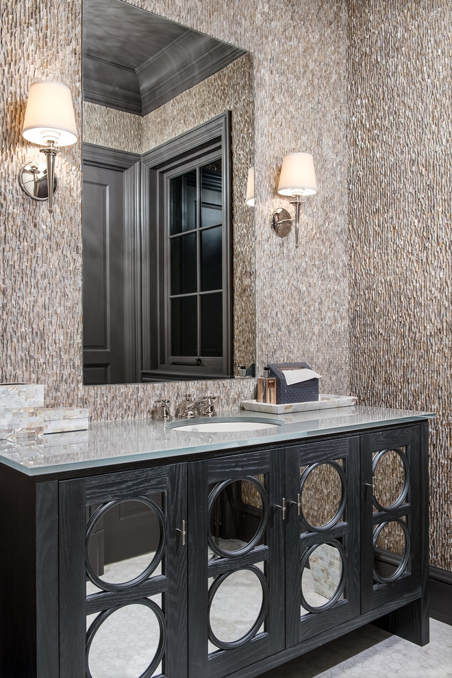 Example of a transitional beige tile bathroom design in Miami with an undermount sink, black cabinets and gray countertops