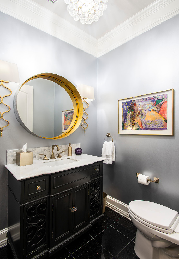 Small transitional powder room in Dallas with furniture-like cabinets, brown cabinets, a two-piece toilet, grey walls, dark hardwood floors, an undermount sink, engineered quartz benchtops, brown floor, white benchtops and a freestanding vanity.