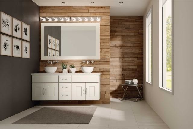 Large contemporary master bathroom in Other with shaker cabinets, white cabinets, an open shower, brown tile, black walls, ceramic floors, a vessel sink, beige floor and an open shower.