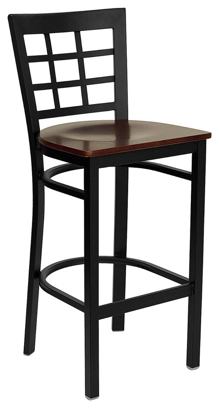 HERCULES™ Black Window Back Metal Restaurant Bar Stool - Mahogany Wood Seat by F