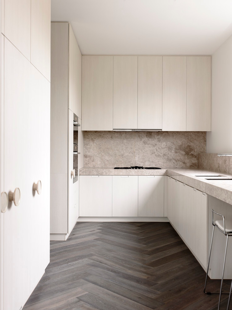 Inspiration for a contemporary l-shaped kitchen in Melbourne with flat-panel cabinets, white cabinets, dark hardwood floors and no island.