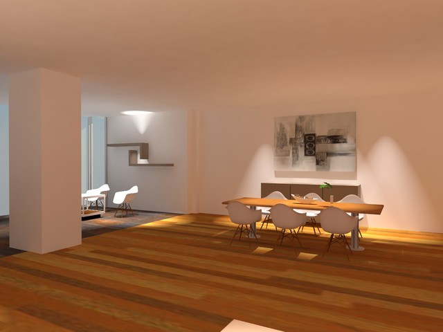 Offenes, Großes Esszimmer mit weißer Wandfarbe und braunem Holzboden in Madrid