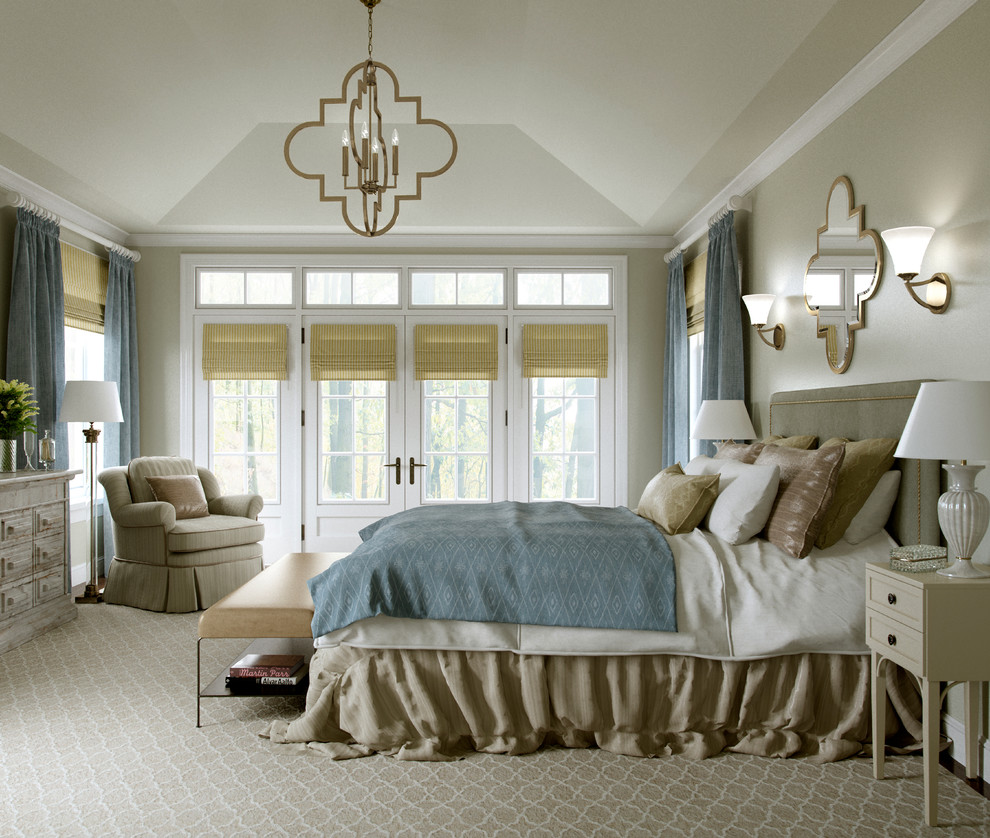Photo of a large traditional master bedroom in Other with beige walls.