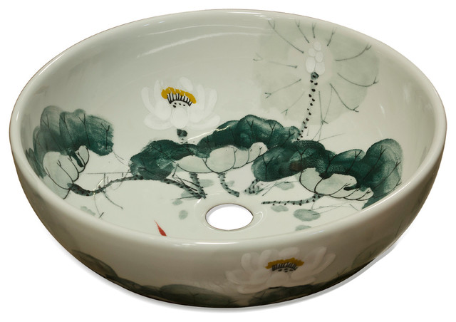 Porcelain Basin With Lotus Koi Pond Design