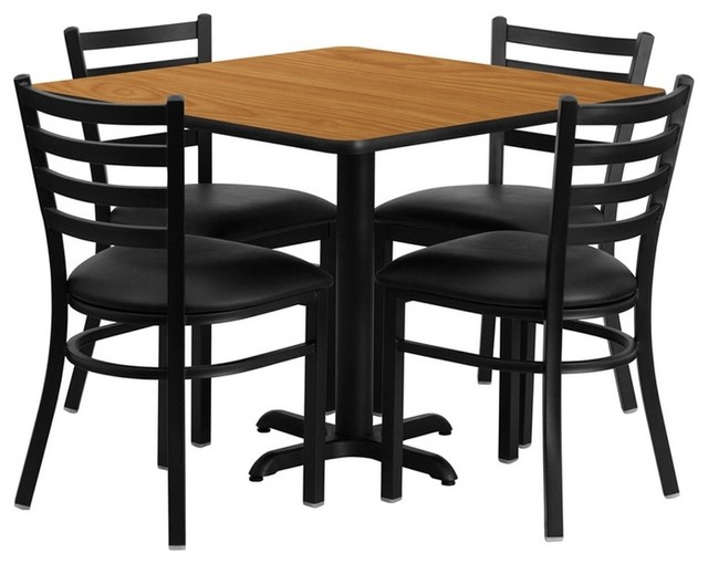 36'' Square Natural Laminate Table, 4 Ladder Back Metal Chairs-Black Seat