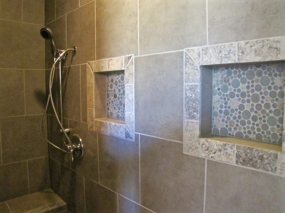 Transitional master gray tile and ceramic tile ceramic tile double shower photo in Oklahoma City