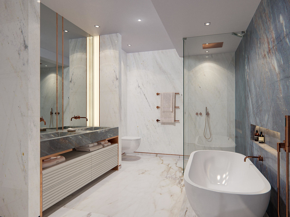 Photo of a mid-sized contemporary master bathroom in London with a freestanding tub, marble, open cabinets, a corner shower, a wall-mount toilet, multi-coloured walls, an integrated sink, multi-coloured floor and a hinged shower door.